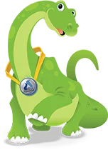 Happy green dinosaur mascot on white background.