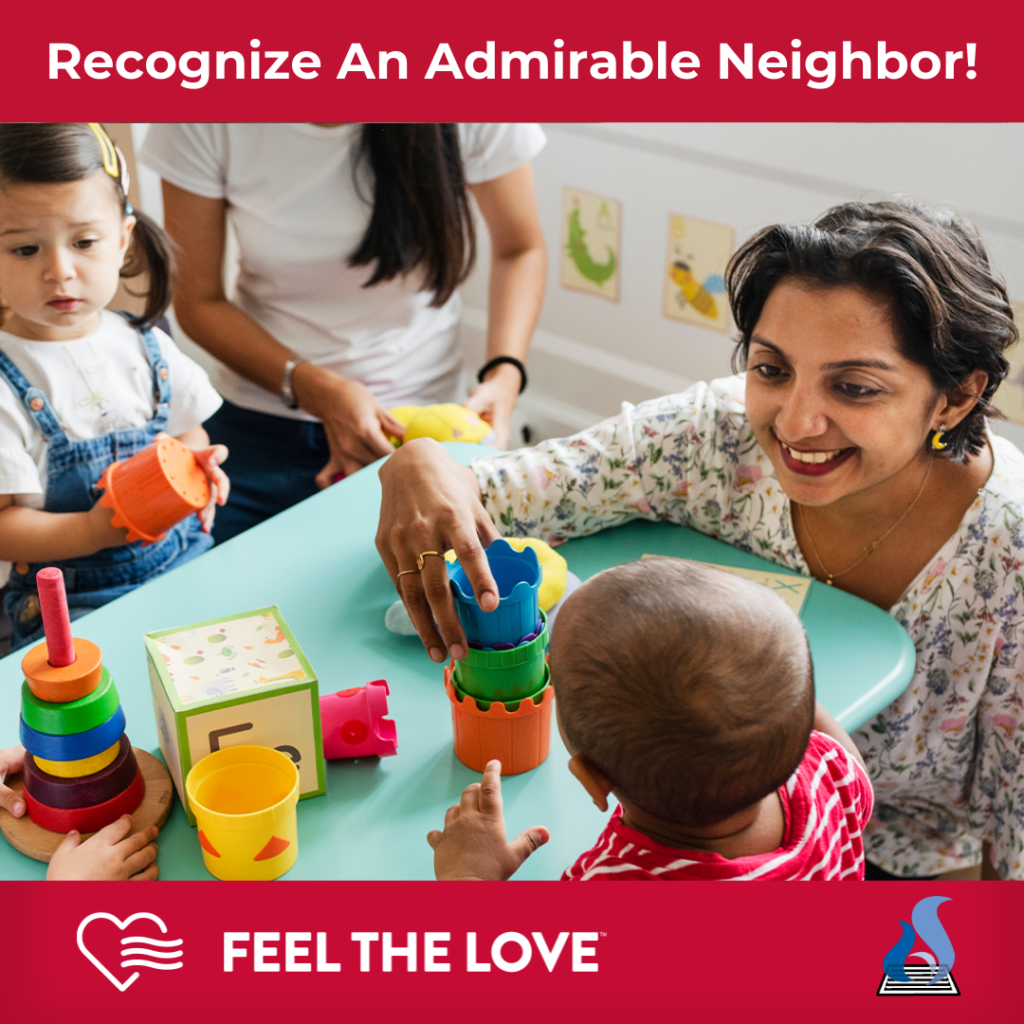 Picture of School Teacher playing with kids. Caption: Recognize An Admirable Neighbor! Feel The Love logo, Air Experts logo