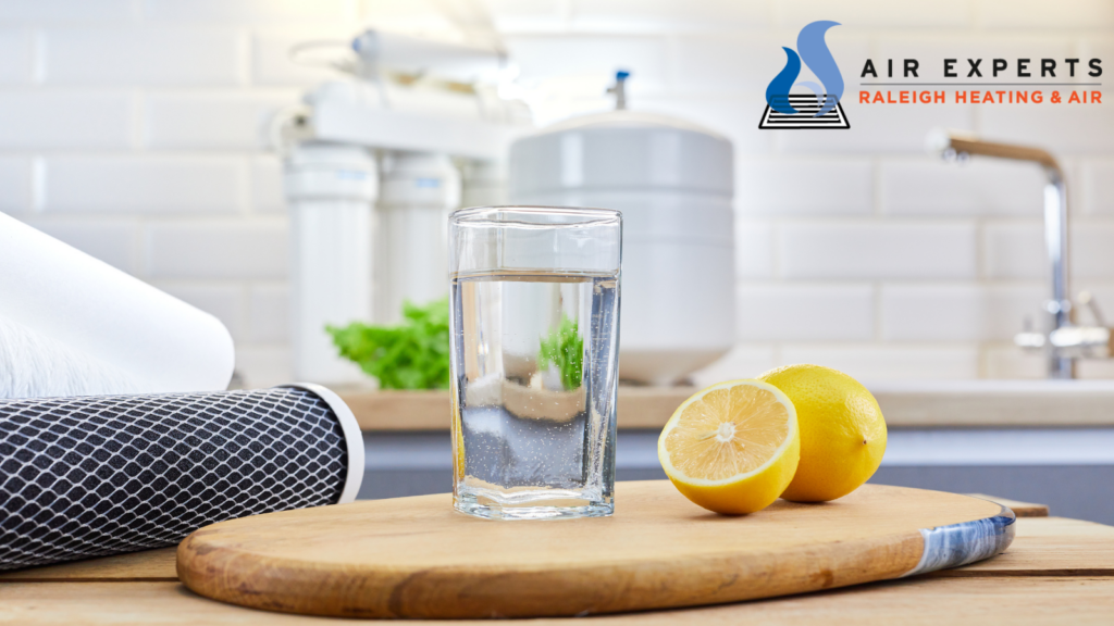 Water Quality photo. A glass of water next to a water filter and some sliced lemon.