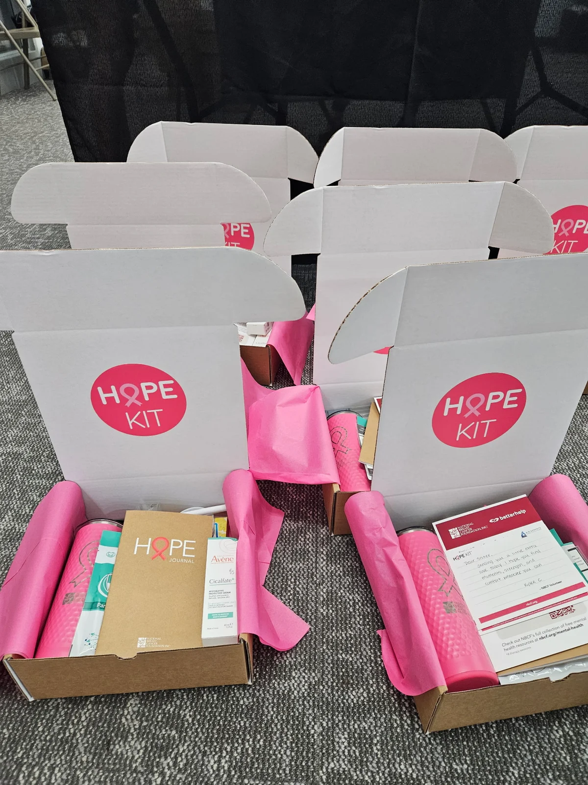 Close-up of a finished Hope Kit box showing the comfort items inside