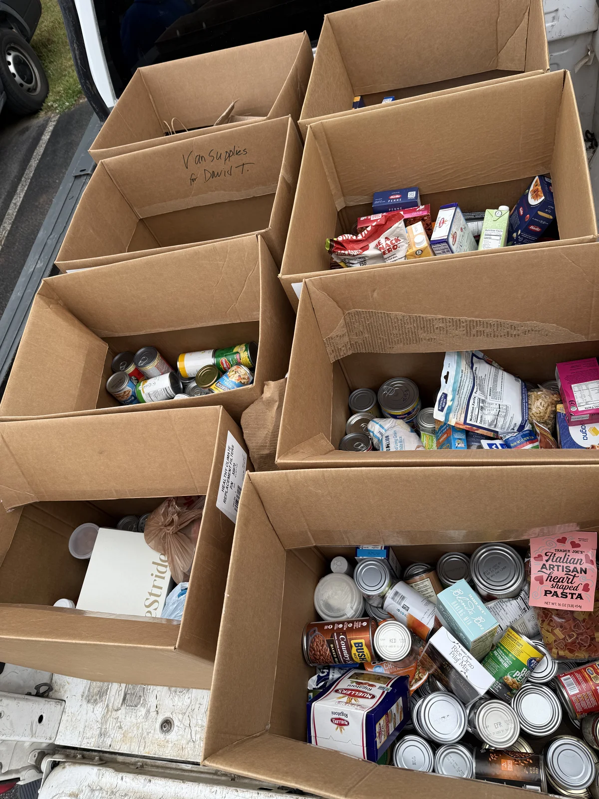 Truck bed full of boxes packed with donated food